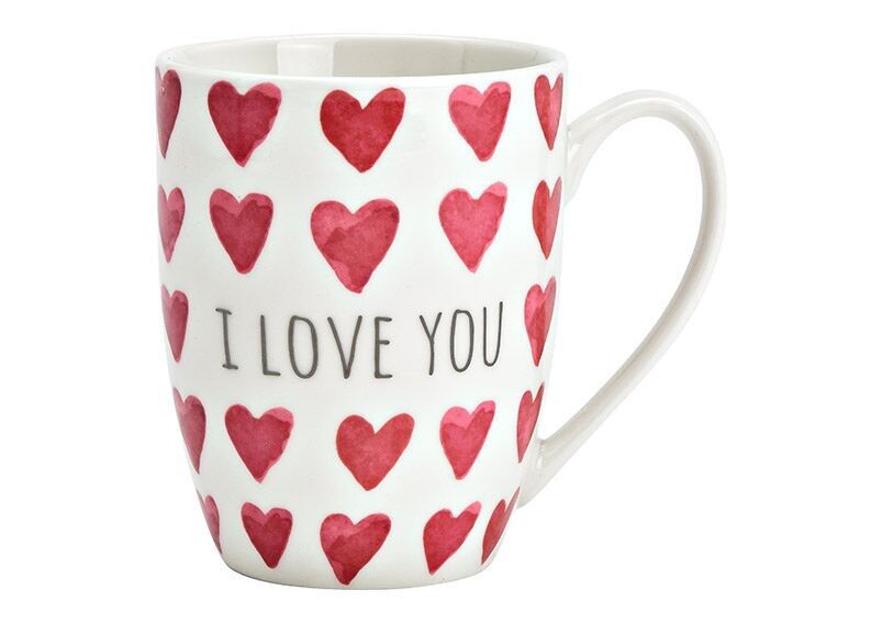 Tazza cuore con scritta I LOVE YOU, in porcellana bianca, rosa (L/A/P) 11x11x8 cm 300 ml