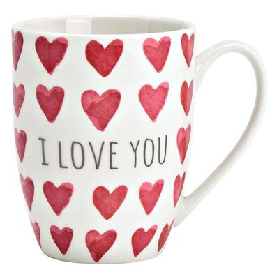 Mug coeur avec inscription I LOVE YOU, en porcelaine blanc, rose (L/H/P) 11x11x8cm 300ml