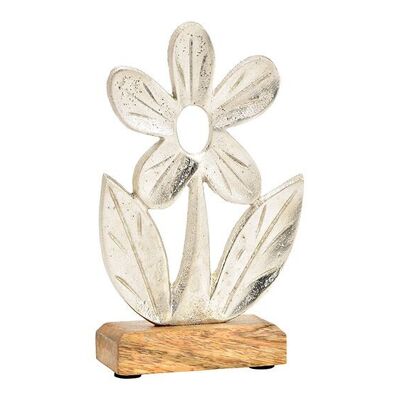 Aufsteller Blume auf Mangoholz Sockel aus Metall Silber (B/H/T) 12x20x5cm