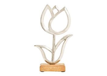 Support tulipe sur socle en bois de manguier en métal argenté (L/H/P) 15x25x5cm