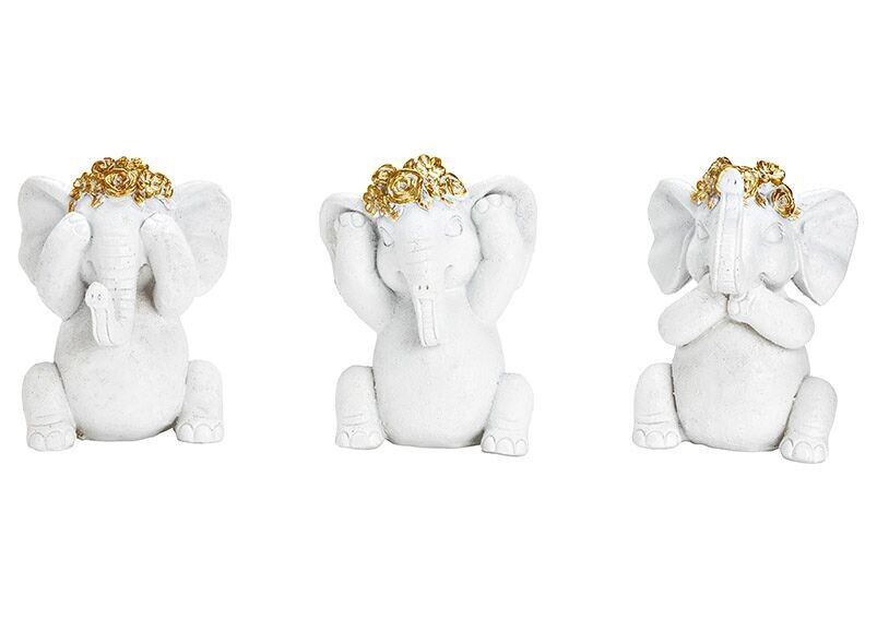 Elefante con ghirlanda di fiori in poliestere bianco 3 volte, (L/A/P) 10x13x9 cm
