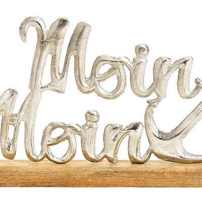 Aufsteller Schriftzug, Moin Moin, Maritim Dekor, auf Mangoholz Sockel, aus Metall Silber (B/H/T) 35x22x5cm