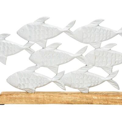 Nuée de poissons debout sur socle en bois de manguier, en métal blanc (L/H/P) 38x21x5cm