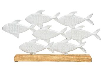 Nuée de poissons debout sur socle en bois de manguier, en métal blanc (L/H/P) 38x21x5cm