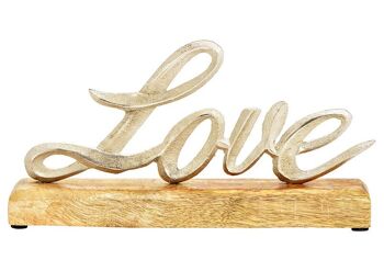 Lettrage sur pied, Love, sur socle en bois de manguier, en métal argenté (L/H/P) 25x13x5cm