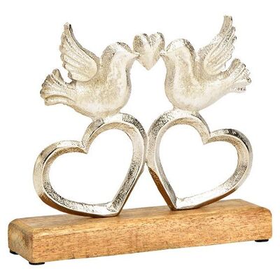 Oiseau debout sur coeur, sur socle en bois de manguier, en métal argenté (L/H/P) 20x17x5cm