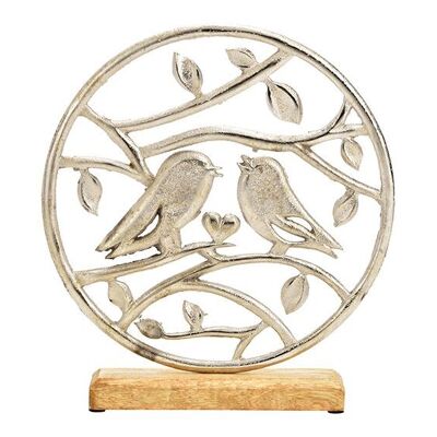 Aufsteller Vogel, auf Mangoholz Sockel, aus Metall Silber (B/H/T) 24x27x5cm