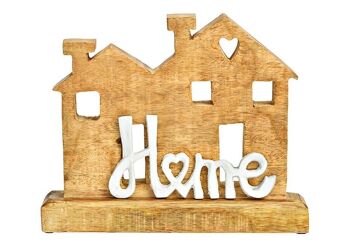 Support de maison avec inscription en métal, Home, en bois de manguier naturel, blanc (L/H/P) 24x21x7cm