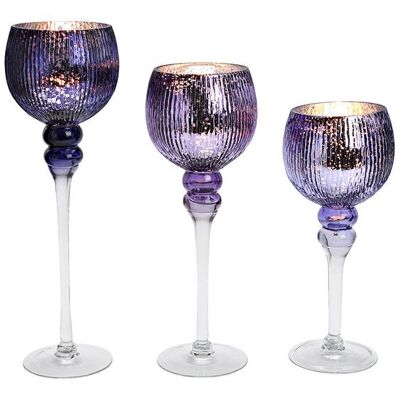 Juego de farolillos con copas estriadas, de cristal violeta, plateado, juego de 3, (ancho/alto/fondo) 30, 35, 40cm x Ø13cm