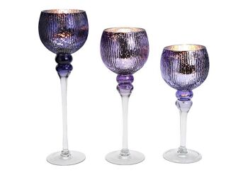 Ensemble de lanternes gobelet cannelé, en verre violet, argent, lot de 3, (L/H/P) 30, 35, 40cm x Ø13cm