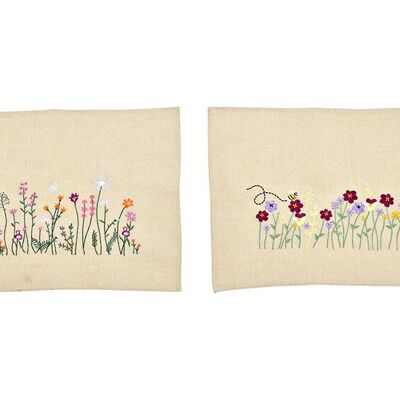 Tovaglietta con ricamo floreale in lino beige, 2 pieghe, (L/A) 44x34 cm