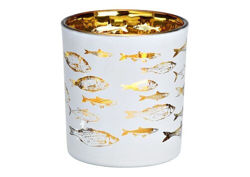 Windlicht Fisch Dekor aus Glas weiß, gold (B/H/T) 7x8x7cm