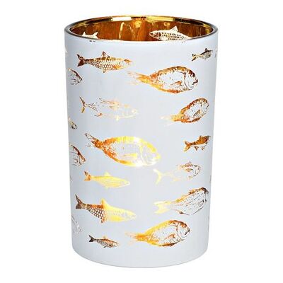 Farol decorativo de pez de cristal blanco, dorado (an/al/pr) 12x18x12cm