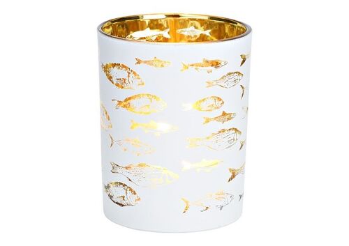 Windlicht Fisch Dekor aus Glas weiß, gold (B/H/T) 10x12x10cm
