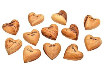 Coeur avec inscription en bois d'olivier marron, 4 fois, (L/H/P) 4x2x4cm