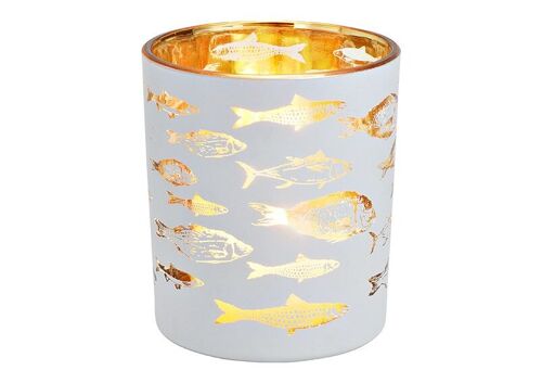 Windlicht Fisch Dekor aus Glas weiß, gold (B/H/T) 9x10x9cm