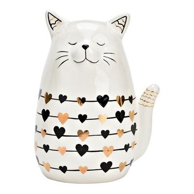 Gatto con decorazione a cuore in ceramica bianco, nero, oro (L/A/P) 14x19x11 cm