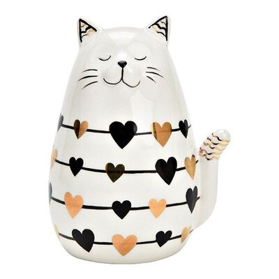 Gatto con decorazione a cuore in ceramica bianco, nero, oro (L/A/P) 10x13x8 cm