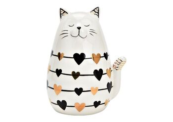 Décoration chat avec coeur en céramique blanc, noir, or (L/H/P) 10x13x8cm