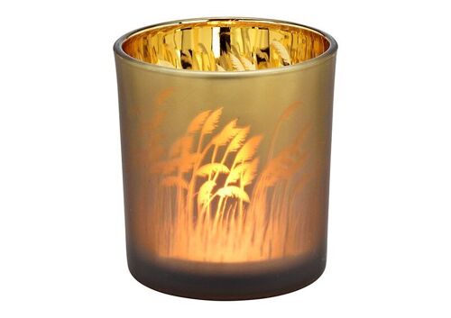 Windlicht Pampasgras Dekor aus Glas braun, gold (B/H/T) 7x8x7cm