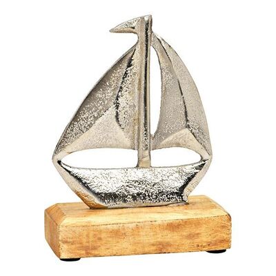 Aufsteller Segelboot auf Mangoholz Sockel, aus Metall silber (B/H/T) 10x13x5cm