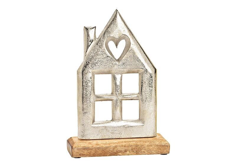 Standing house, on mango wood base, made of metal silver (W/H/D) 15x22x5cm