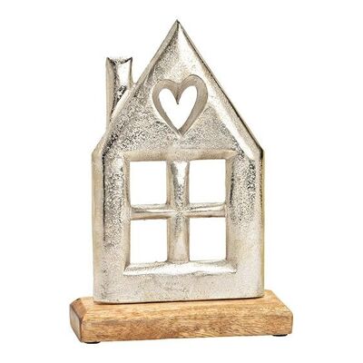 Aufsteller Haus, auf Mangoholz Sockel, aus Metall silber (B/H/T) 15x22x5cm