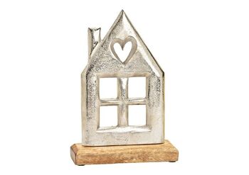 Support de maison, sur socle en bois de manguier, en métal argenté (L/H/P) 15x22x5cm