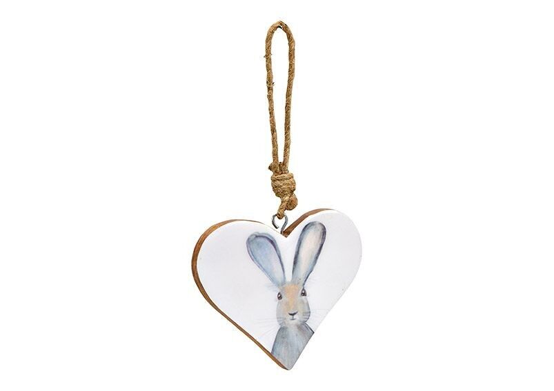 Hanging heart rabbit decor made of mango wood with enamel paint white, grey (W/H/D) 9x9x1cm