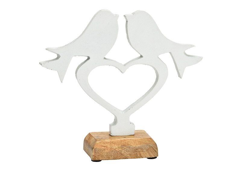 Stand bird on heart, on mango wood base, made of white metal (W/H/D) 19x17x5cm