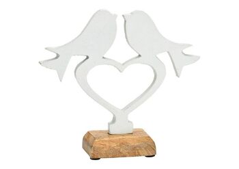Oiseau debout sur coeur, sur socle en bois de manguier, en métal blanc (L/H/P) 19x17x5cm