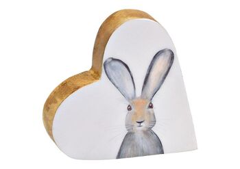 Décor lapin coeur en bois de manguier avec peinture émail blanc, gris (L/H/P) 14x13x4cm