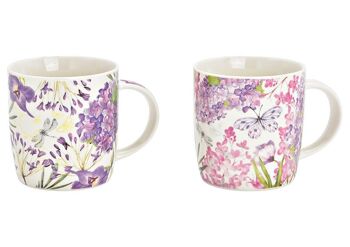 Mug décoration florale en porcelaine violet 2 plis, (L/H/P) 12x10x9cm 350ml
