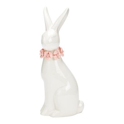 Conejo con corona de flores de cerámica blanca (An/Al/Pr) 7x18x5cm