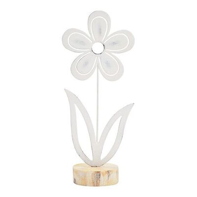 Flor sobre base de madera de metal blanco (An/Al/Pr) 10x22x6cm
