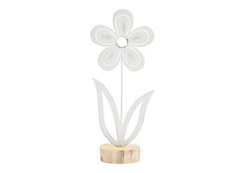 Fleur sur socle en bois en métal blanc (L/H/P) 10x22x6cm
