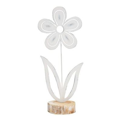 Flor sobre base de madera de metal blanco (An/Al/Pr) 14x32x9cm