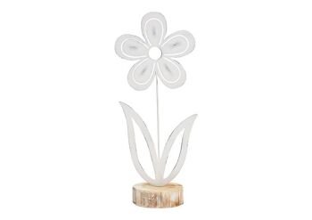 Fleur sur socle en bois en métal blanc (L/H/P) 14x32x9cm