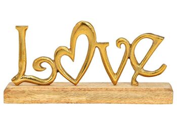 Inscription sur pied, Love, sur socle en bois de manguier en métal doré (L/H/P) 25x12x5cm