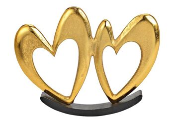 Support coeur balançoire sur socle en bois de manguier en métal doré (L/H/P) 23x18x3cm