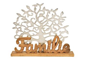 Support d'arbre, avec inscription, famille, sur socle en bois de manguier, en métal argenté (L/H/P) 51x42x10cm