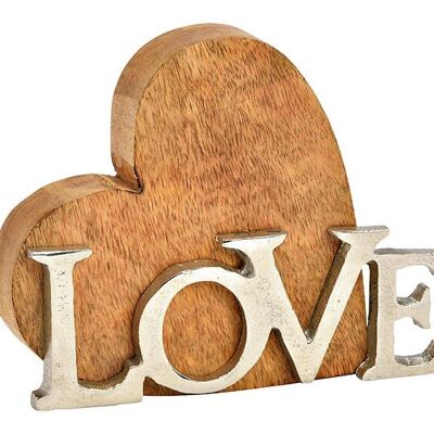 Supporto a cuore, con scritta in metallo, LOVE, in legno di mango naturale (L/A/P) 16x12x3 cm