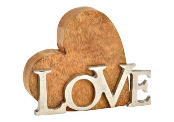Support cœur, avec inscription en métal, LOVE, en bois de manguier naturel (L/H/P) 16x12x3cm