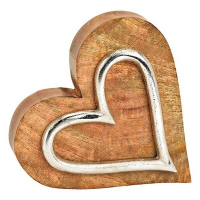 Soporte en forma de corazón, con corazón de metal, de madera de mango natural (An/Al/Pr) 15x15x4cm