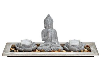 Bouddha avec 2 photophores, plateau en bois, pierres décoratives en ciment gris (L/H/P) 33x14x14cm