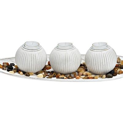 Set portacandele da 3 su vassoio con pietre di legno bianche (L/A/P) 45x10x18 cm