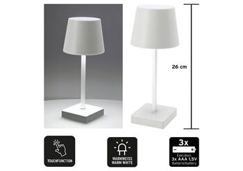 Lampe de table LED, intérieur, 3 niveaux de luminosité via fonction tactile en plastique blanc (L/H/P) 10x26x10cm