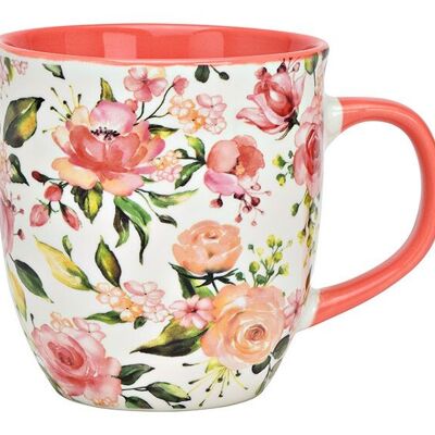 Taza con decoración floral de porcelana rosa/rosa (An/Al/Pr) 14x11x11cm, 410ml