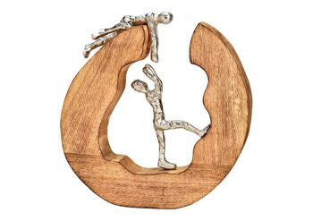 Sculpture sur pied en bois de manguier, figurines en métal naturel (L/H/P) 27x28x5cm