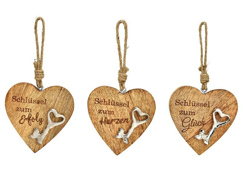 Corazón colgante con llave de metal, llave de la felicidad, corazones, éxito, de madera de mango natural triple, (An/Al/Pr) 10x10x2cm